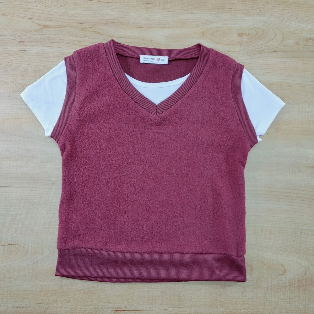 Beautees Girls Burgundy Sweater Vest Layered 2-in-1 Top Size 7/8‎ 7749F45